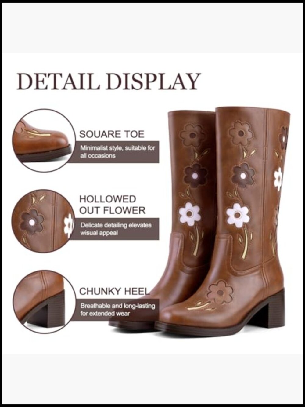 Square Toe Chunky Block Heel Knee High Boots Boho Floral Vintage Tall Boots - Picture 5 of 7